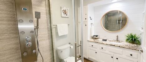 A modern bathroom with a glass-enclosed shower, a toilet, a sink with a mirror, and a plant.