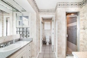 Hair dryer, towels, soap, shampoo