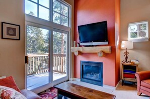 Una televisión, una chimenea, un reproductor de DVD
