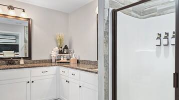 Jetted bath, hair dryer, towels, soap
