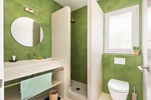 Shower, hair dryer, towels