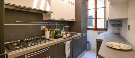 Fridge, stovetop, dishwasher, coffee/tea maker