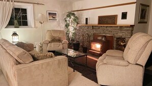 Fireplace, books, music library
