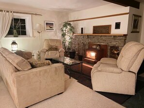 Fireplace, books, music library