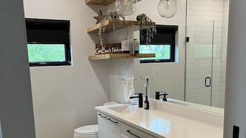 Shower, towels, soap, shampoo