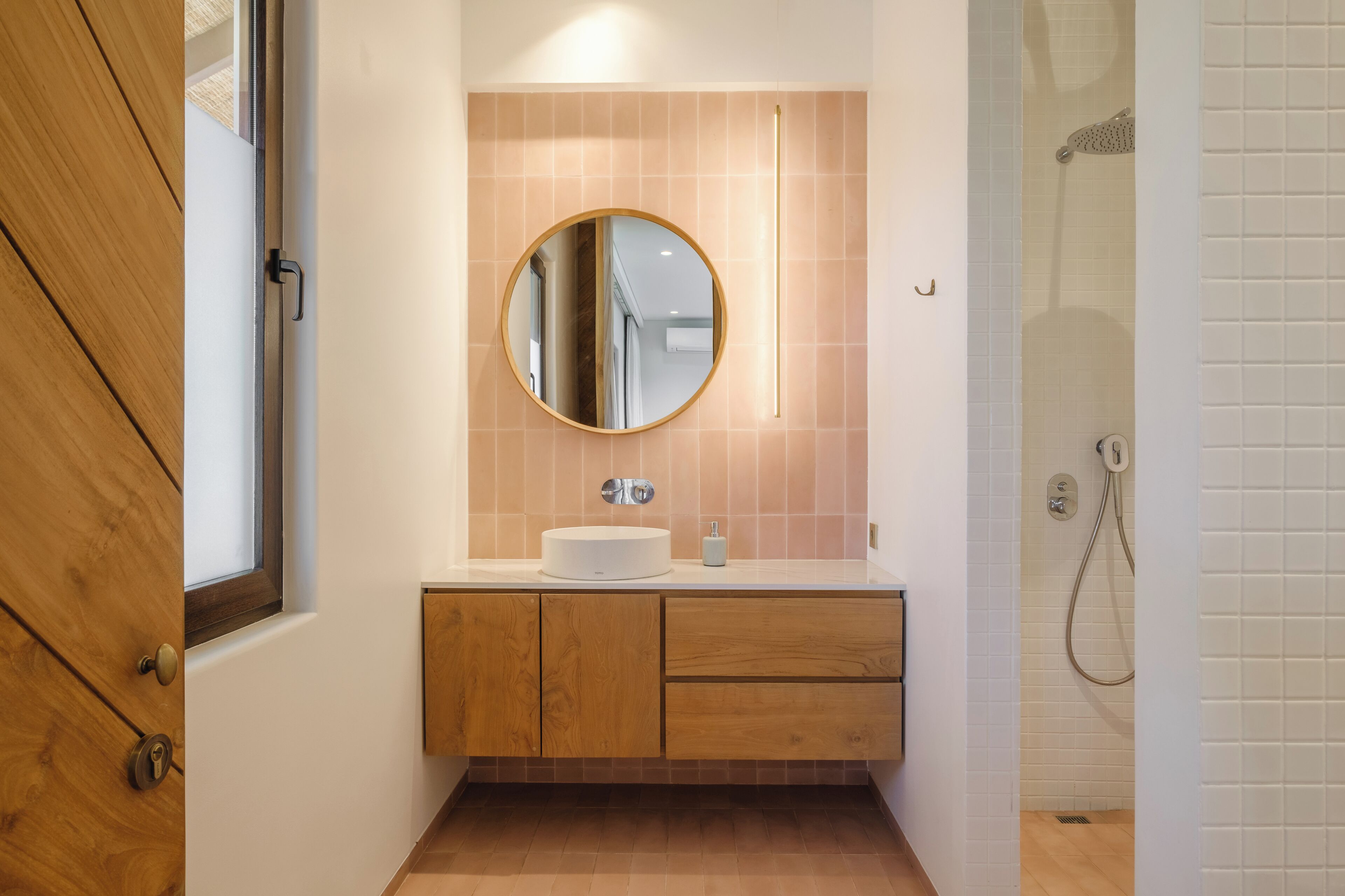Shower, rainfall showerhead, hair dryer, slippers