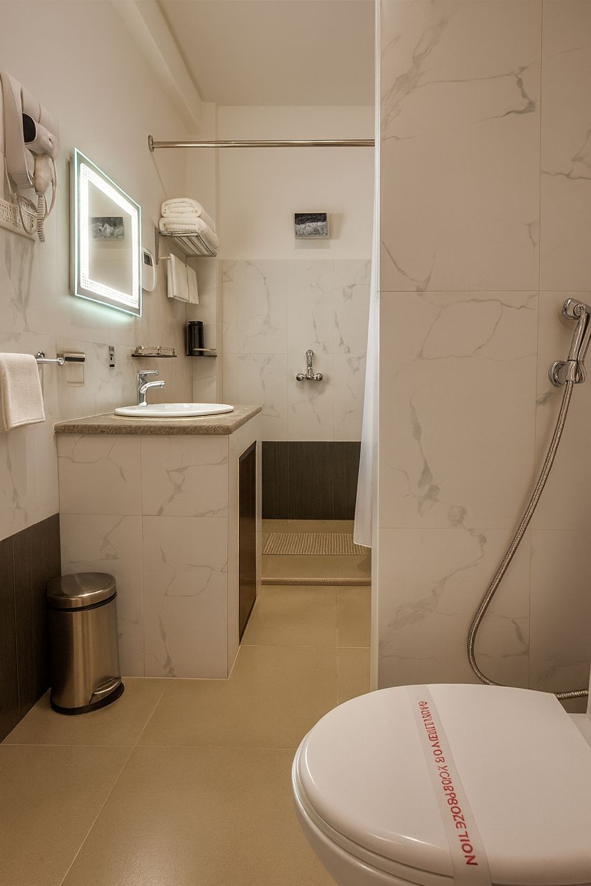A modern bathroom with a marble sink, a toilet with a red label, a shower, and a mirror with a light.