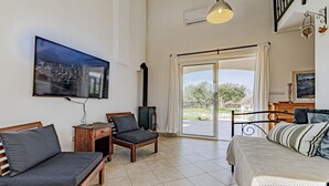 Un salón espacioso con un televisor de pantalla plana grande, una chimenea y una cama.