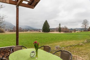 Una mesa con mantel de lunares, un jarrón con flores rojas, y vista a un campo verde y montañas.