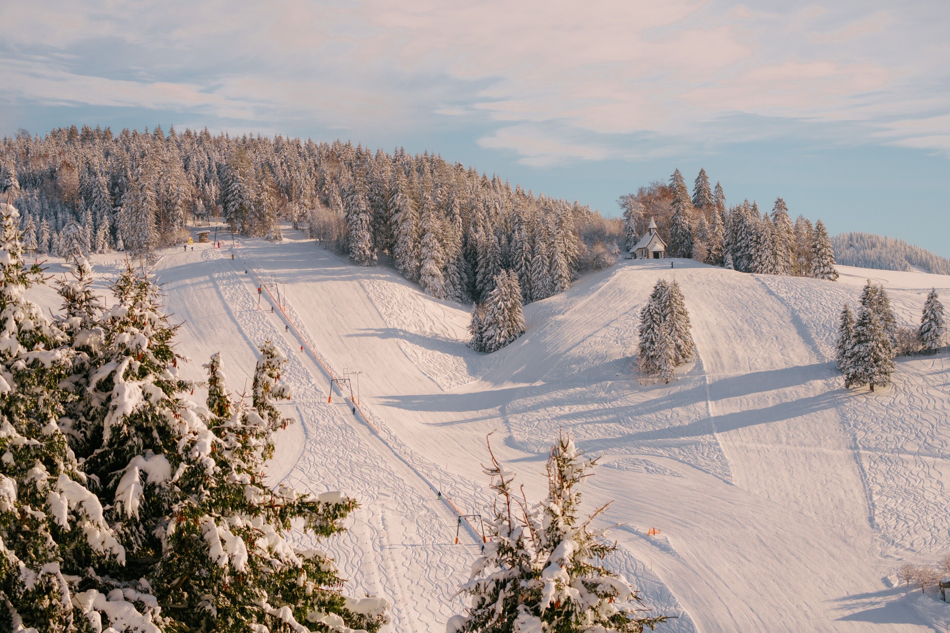 Une piste de ski enneigée, avec des arbres et un bâtiment visible au loin.