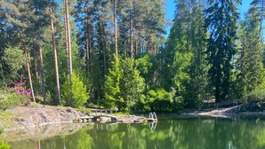 A clear lake with a wooden dock and a stone pathway leading to the water's edge.