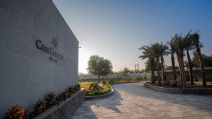 A paved pathway leading to a building with a stone wall and a sign that reads "CasaConcreto."