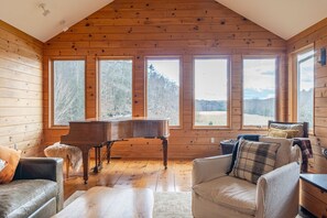 TV connectée, cheminée, livres, chaîne hi-fi