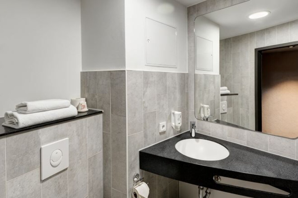 Une salle de bain moderne avec un plan de toilette noir, un lavabo blanc et un grand miroir.
