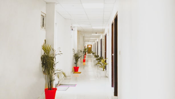 A long, narrow hallway with white walls and a tiled floor, lined with potted plants and doors on both sides. - Roomshala 124 Royal inn Rohini (New Delhi)
