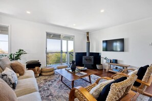 Smart-tv, eldstad, böcker och en stereo