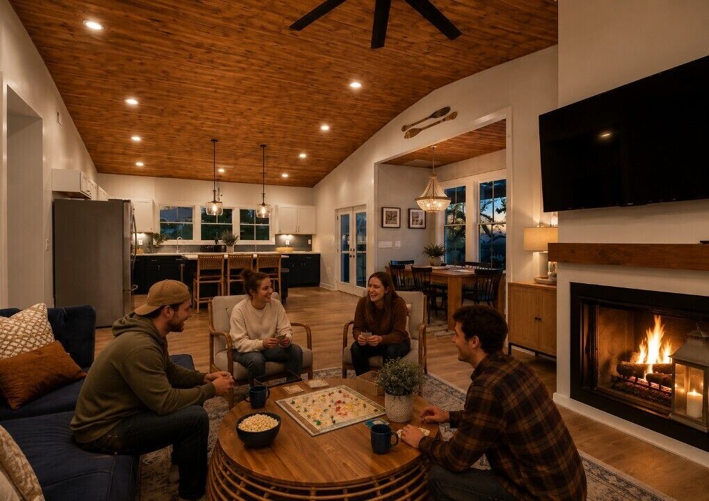 A modern living room with a fireplace, wooden ceiling, and a TV mounted on the wall.