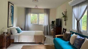 Une chambre à coucher avec un lit, un canapé, une télévision et une fenêtre.