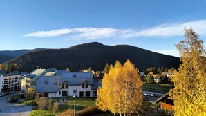 A residential area with houses, a parking lot, and a mountain in the background.
