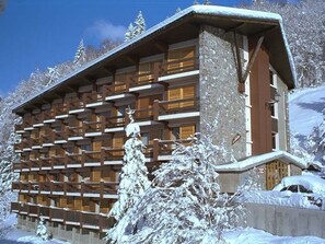 Een chalet met een houten gevel en stenen details, omringd door met sneeuw bedekte bomen en een heldere lucht.