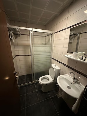 Un baño con ducha acristalada, inodoro y lavamanos con espejo.
