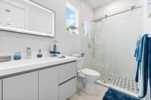 Shower, hair dryer, towels