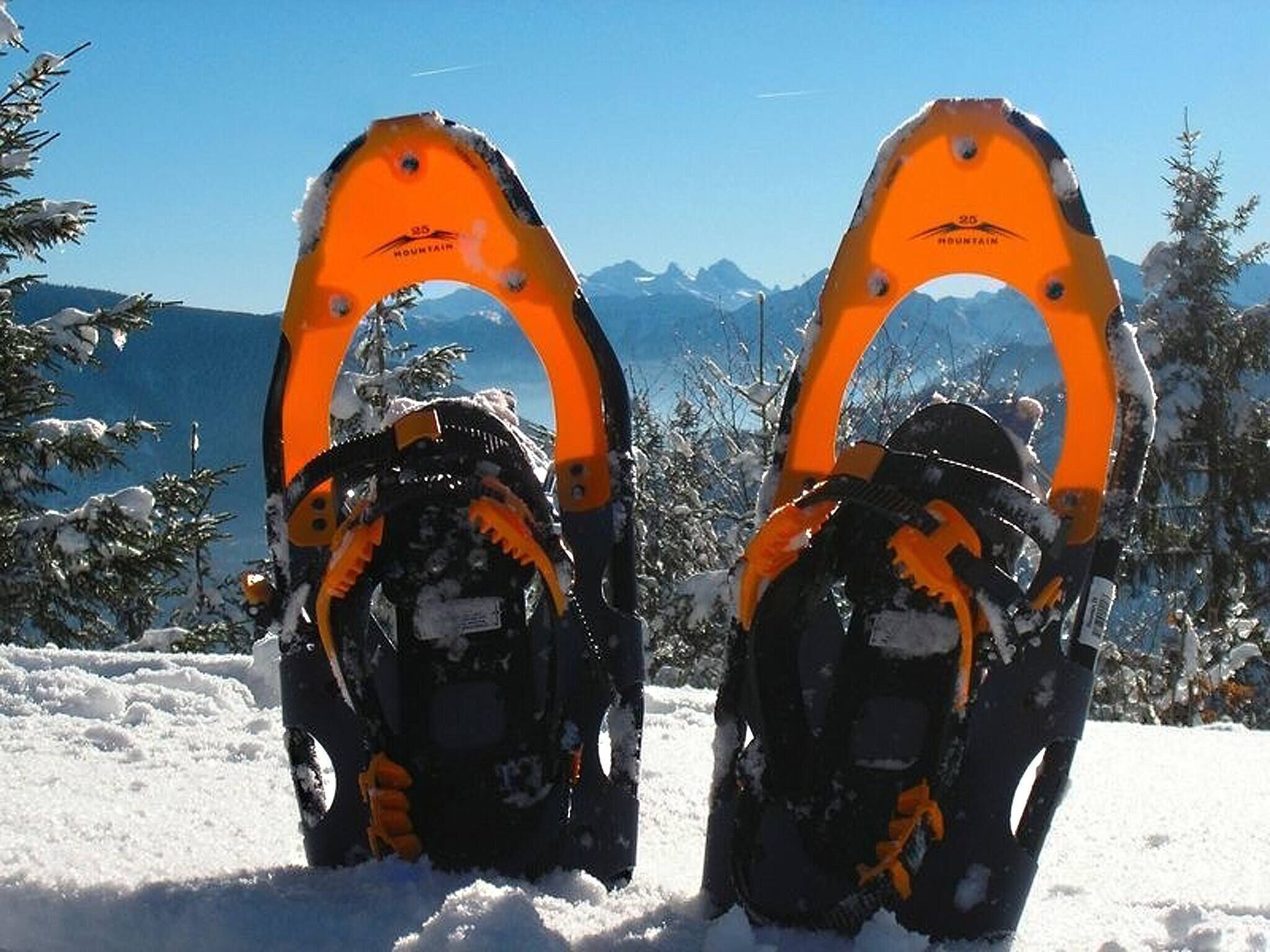 Two snowshoes with 'MOUNTAIN' branding, set against a snowy landscape with mountains in the background.