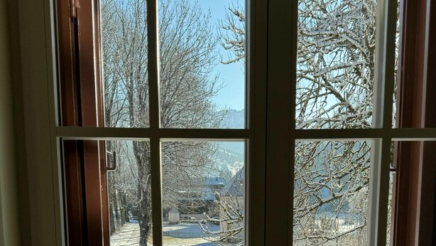 Vista a través de una ventana con celosía de metal, suelo cubierto de nieve y árboles sin hojas.