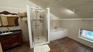 Shower, bidet, towels, toilet paper
