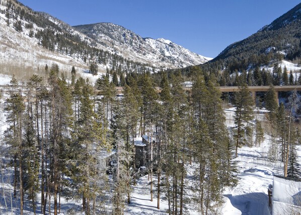 Eine Berglandschaft mit schneebedeckten Bäumen und einer Brücke.