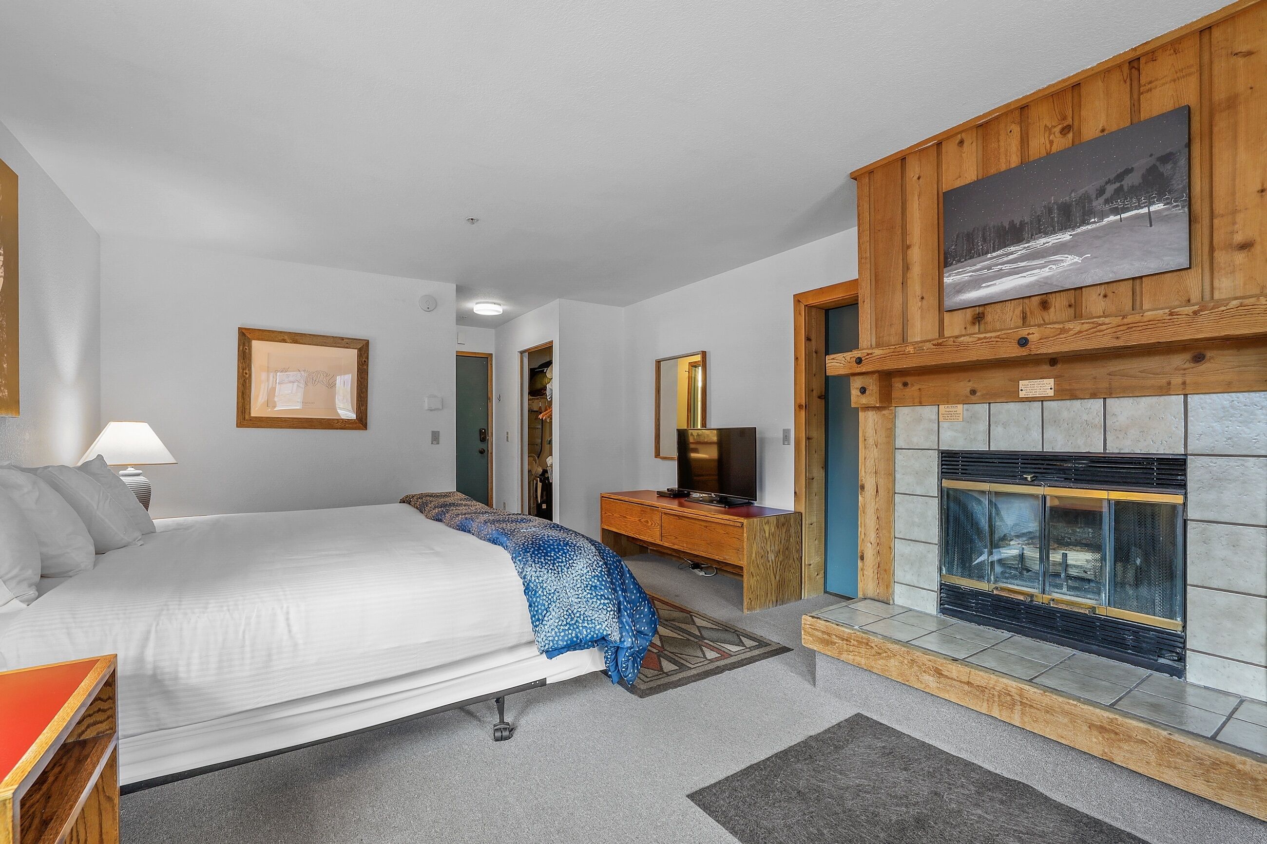 A hotel room with a bed, a television, a fireplace, and a framed picture on the wall.