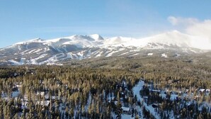 Un paysage montagneux avec des sommets enneigés et une vallée boisée.