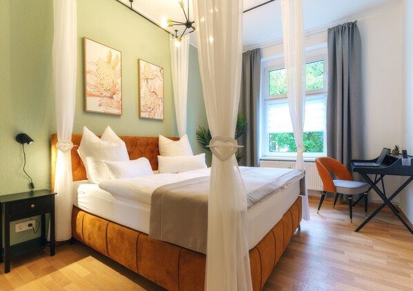 1 bedroom, desk, iron/ironing board, travel cot