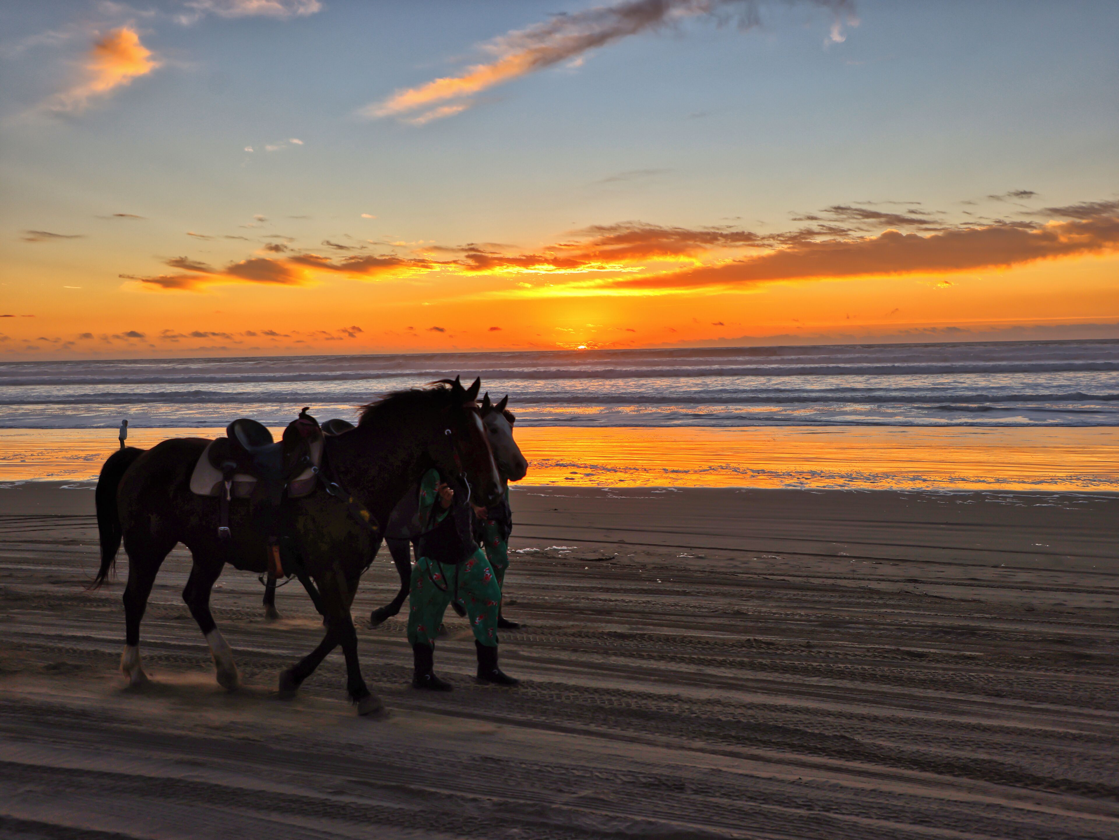 Escena de playa con caballos y jinetes al atardecer.