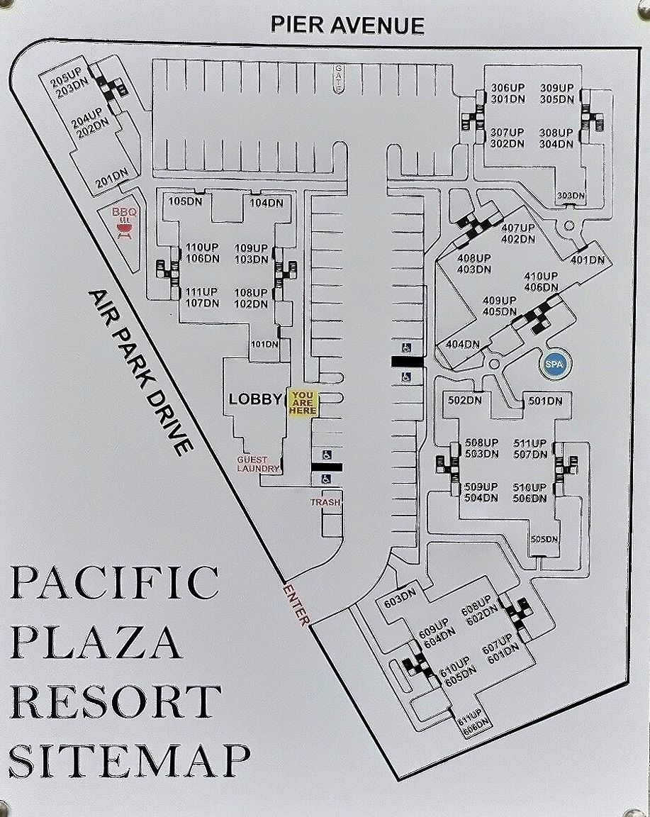 A Pacific Plaza Resort Sitemap with Pier Avenue, air park drive, lobby, guest laundry, and various room numbers.