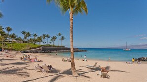 A beach with palm trees, sun loungers, and a clear blue sky. - The Islands M2 Oasis at Mauna Lani Resort (Kamuela)