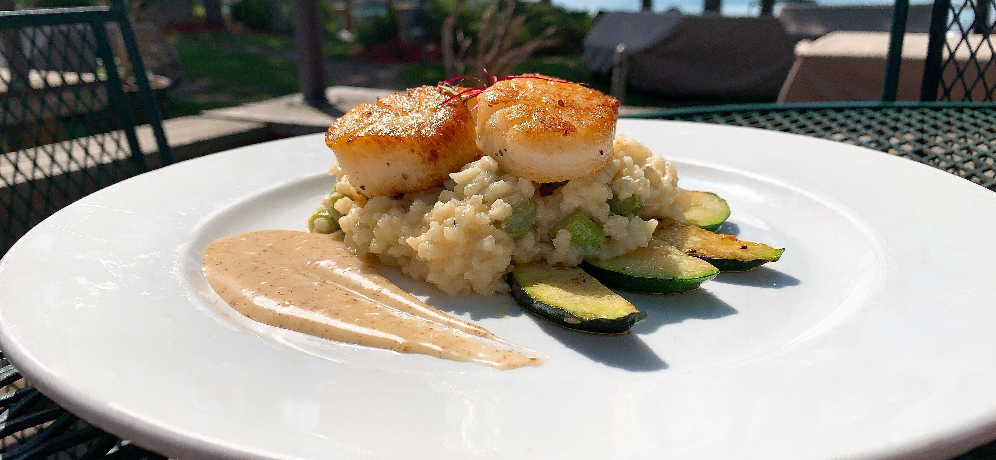 Een bord eten met geschaarde sint-jakobsschelpen, risotto, courtteslices en een romige saus.