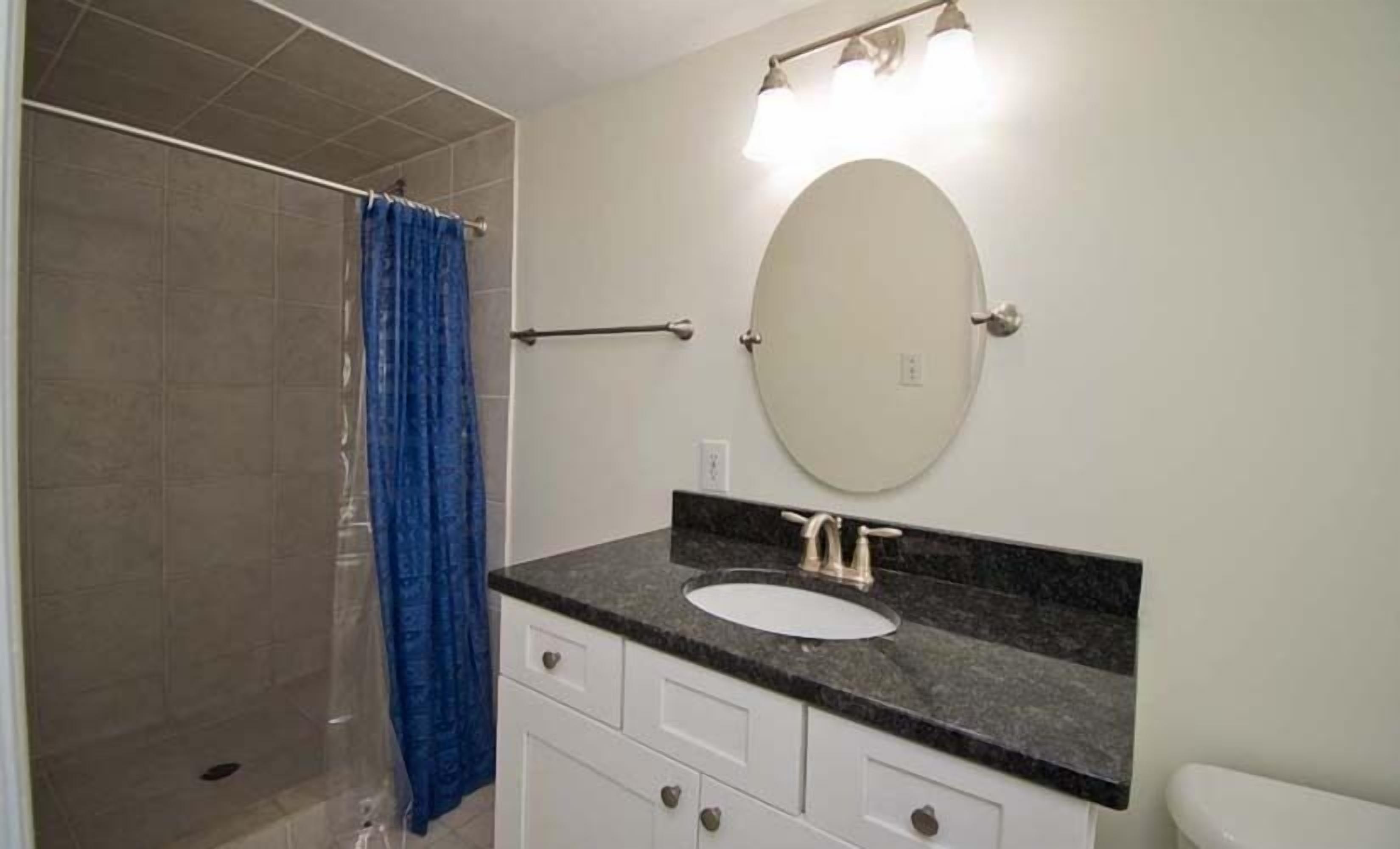 A bathroom with a shower, a sink with a mirror, and a toilet.