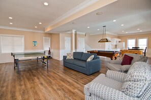 TV, fireplace, table football, ping pong