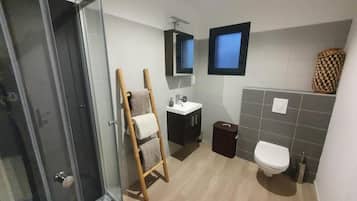 Hair dryer, towels, soap, toilet paper