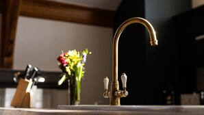 A kitchen with a brass faucet, a wooden countertop, and a vase with flowers.