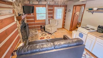 Smart TV, fireplace, table football, books