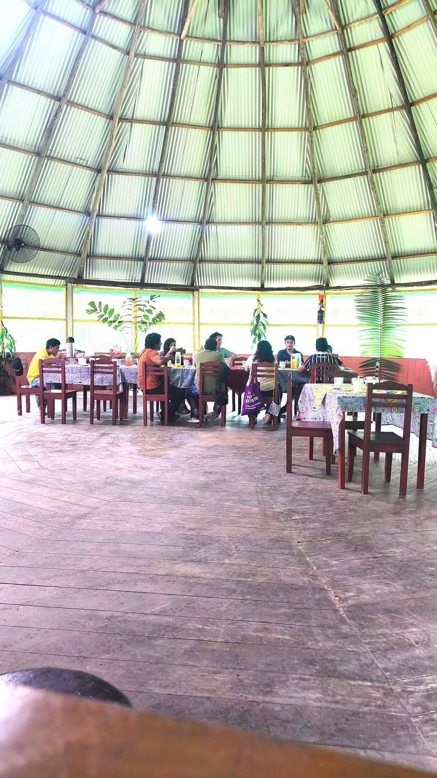 Uma área de refeições coberta com mesas, cadeiras, janelas amplas e plantas em vasos.