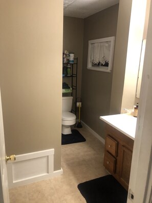 A narrow bathroom with beige walls, a white toilet, a shelf with toiletries, and a wooden vanity with a mirror.