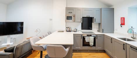 Full-sized fridge, microwave, oven, stovetop