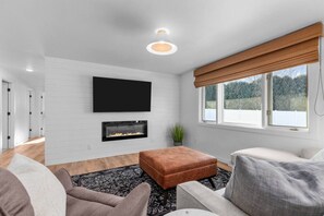 Smart TV, fireplace, books
