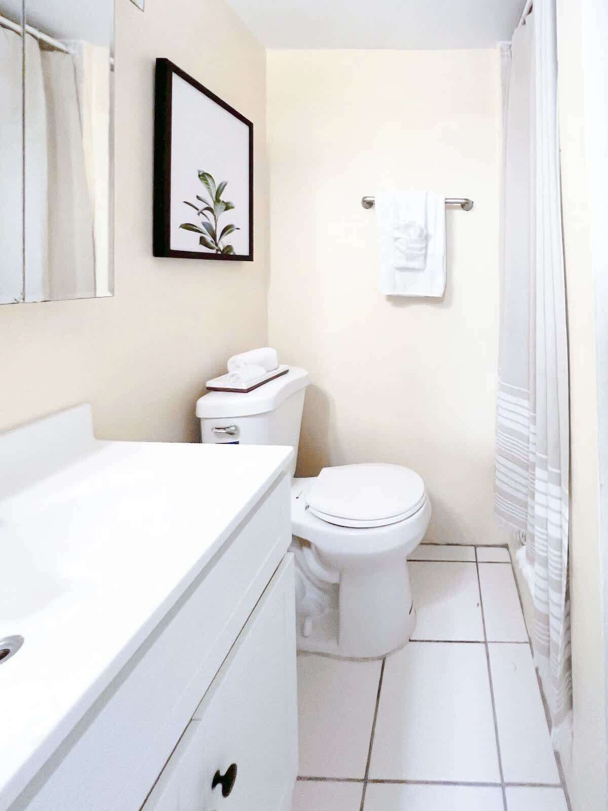 Ein kleines, sauberes Badezimmer mit Toilette, Waschbecken und einem gerahmten Bild an der Wand.