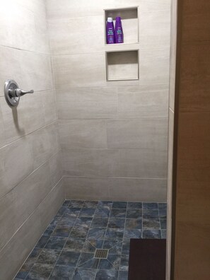 Douche, séchoir à cheveux, serviettes fournies, savon