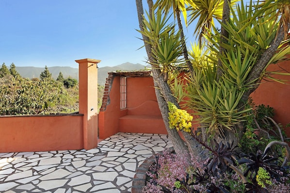 A patio with mosaic tiles, a palm tree, and a view of mountains.