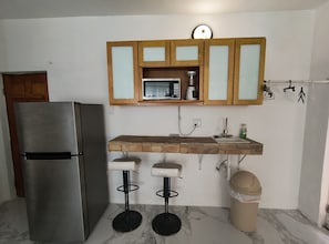 Fridge, microwave, coffee/tea maker, toaster